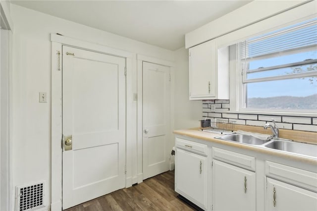 715-717 Hiland Ave, Coraopolis, PA 15108 - kitchen featuring visible vents, tasteful backsplash, a sink, white cabinetry, and dark wood-type flooring