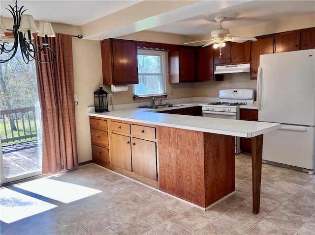2144 Highland Dr, Summit Twp But, PA 16002 - kitchen with a sink, light countertops, a peninsula, under cabinet range hood, and white appliances