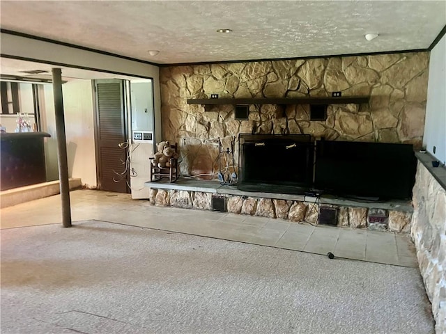 2144 Highland Dr, Summit Twp But, PA 16002 - living room with carpet flooring, a textured ceiling, and a stone fireplace