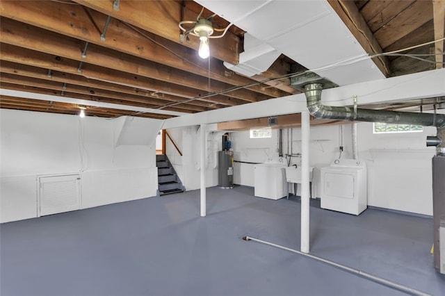 basement featuring washer / dryer, stairs, a sink, and electric water heater
