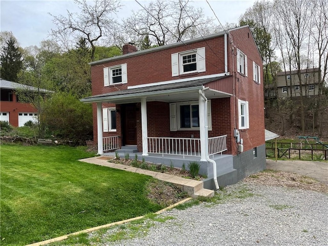 611 W Sutter Rd, Shaler, PA 15116 - view of front of house with a chimney, a porch, a front lawn, and brick siding