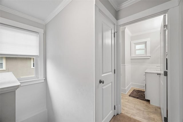 corridor featuring crown molding and light wood-type flooring