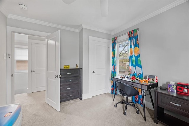 office space featuring light colored carpet and ornamental molding