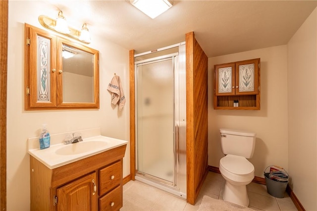 full bath with toilet, baseboards, a shower stall, and vanity