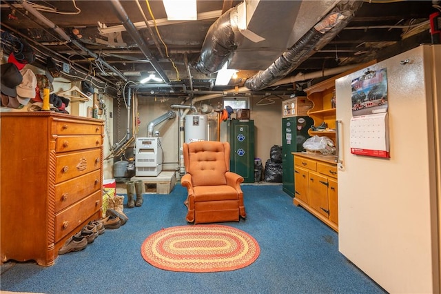 unfinished basement featuring carpet and water heater