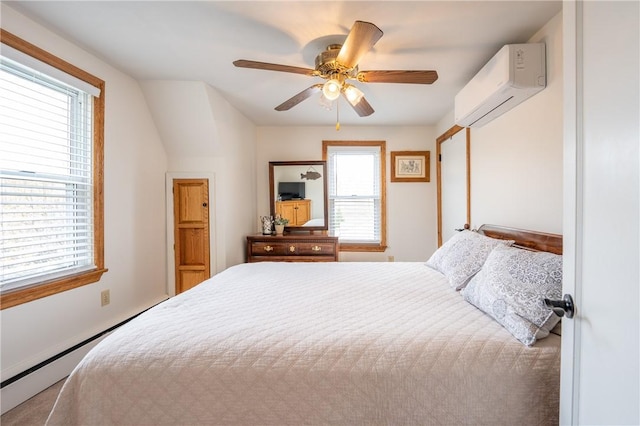 bedroom featuring an AC wall unit and ceiling fan
