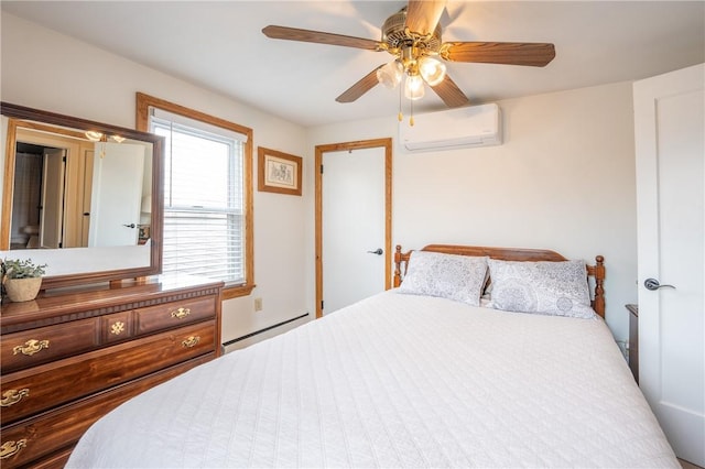 bedroom featuring a ceiling fan, a wall mounted AC, and baseboard heating