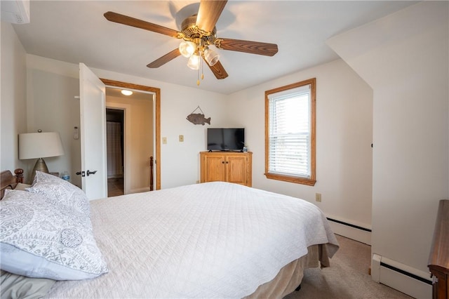 carpeted bedroom with a ceiling fan and baseboard heating