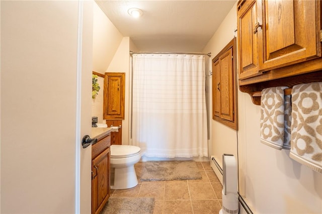 full bath with vanity, tile patterned floors, toilet, and a shower with curtain