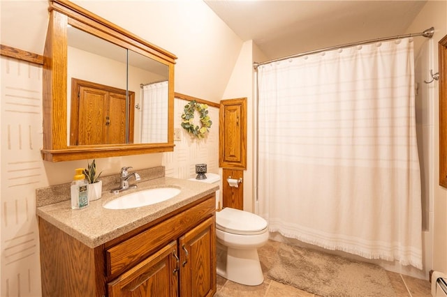 bathroom featuring vanity, toilet, curtained shower, and a baseboard radiator