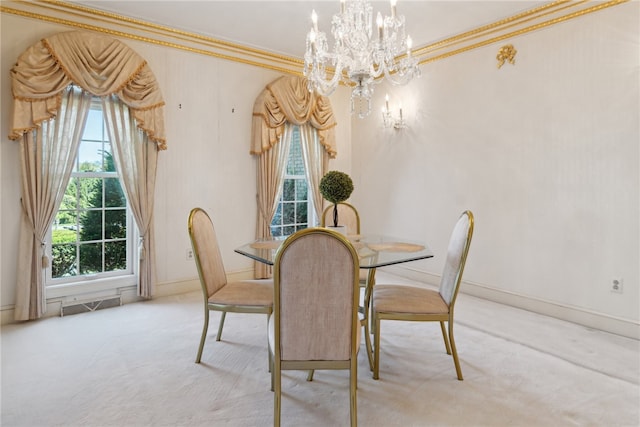 107 Treetop Ln, Peters Twp, PA 15317 - carpeted dining area with crown molding, a wealth of natural light, visible vents, and a notable chandelier