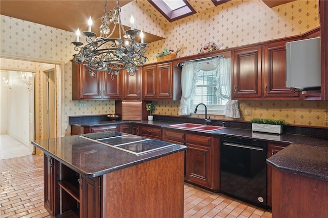 107 Treetop Ln, Peters Twp, PA 15317 - kitchen with wallpapered walls, a center island, a chandelier, a sink, and black appliances