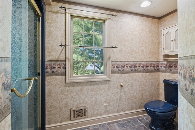 107 Treetop Ln, Peters Twp, PA 15317 - bathroom with toilet, stone finish floor, baseboards, visible vents, and a stall shower