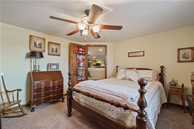 bedroom with baseboards, ceiling fan, and light carpet