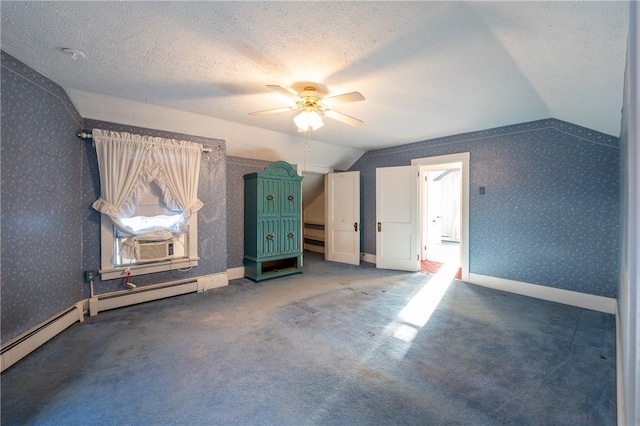 bonus room with carpet floors, a ceiling fan, lofted ceiling, and a baseboard radiator