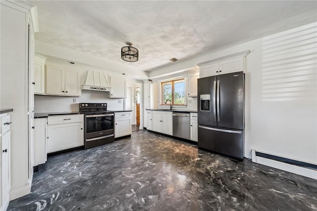 144 Harmony St, Connoquenessing Boro, PA 16027 - kitchen featuring dark countertops, appliances with stainless steel finishes, a sink, custom range hood, and visible vents