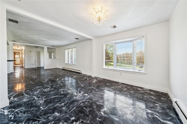 144 Harmony St, Connoquenessing Boro, PA 16027 - unfurnished living room with visible vents, a baseboard radiator, and an inviting chandelier