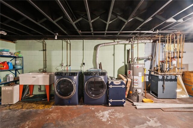 144 Harmony St, Connoquenessing Boro, PA 16027 - unfinished below grade area featuring independent washer and dryer, a heating unit, a sink, and gas water heater