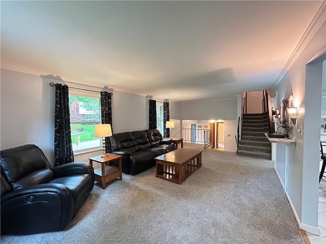 116 Thornberry Dr, Churchill Boro, PA 15235 - carpeted living room with ornamental molding and stairs