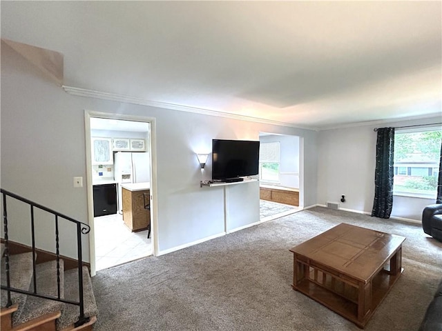 116 Thornberry Dr, Churchill Boro, PA 15235 - carpeted living room featuring crown molding and stairs