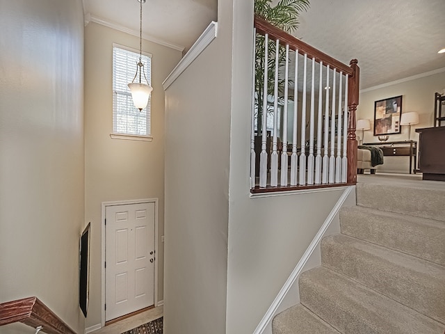 stairway featuring crown molding and baseboards