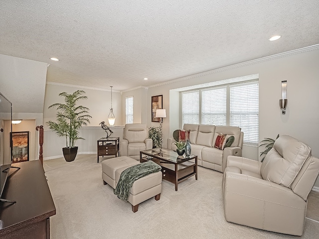 living room featuring ornamental molding, recessed lighting, a textured ceiling, and light colored carpet
