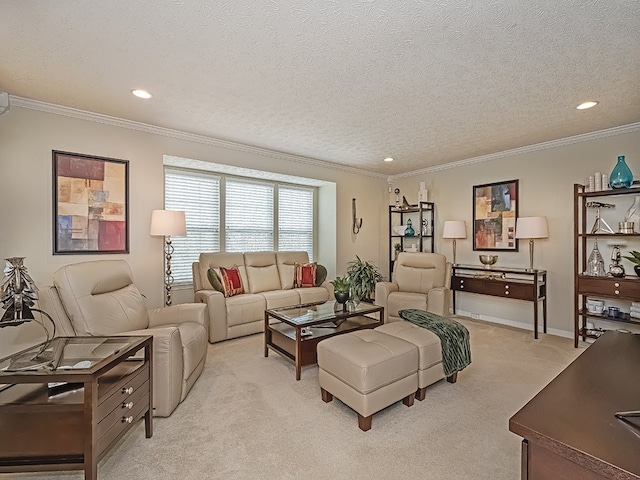 living room with ornamental molding, light carpet, recessed lighting, and a textured ceiling