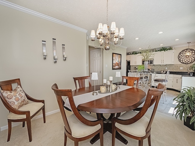 dining space with crown molding, light colored carpet, an inviting chandelier, a textured ceiling, and recessed lighting