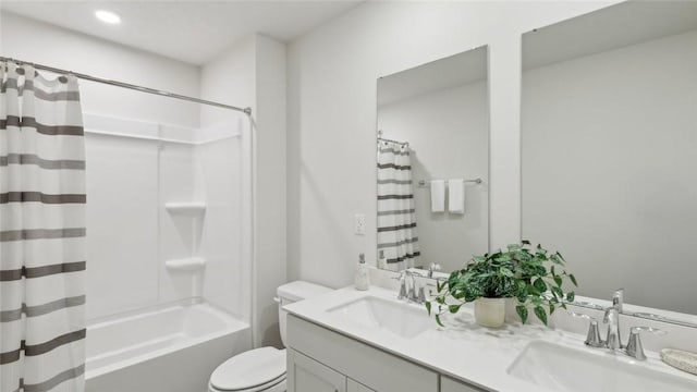 410 Barons Ct, Peters Twp, PA 15367 - bathroom featuring double vanity, shower / tub combo, toilet, and recessed lighting