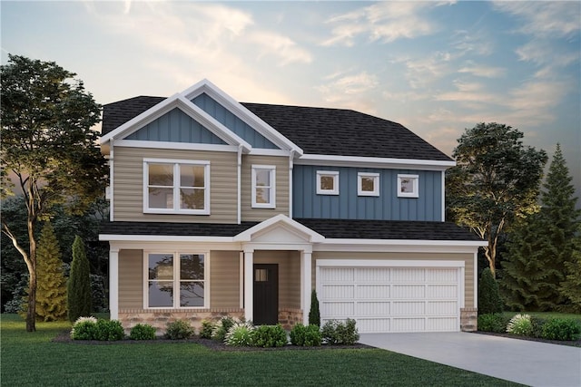 craftsman-style house featuring board and batten siding, a front yard, concrete driveway, an attached garage, and a shingled roof