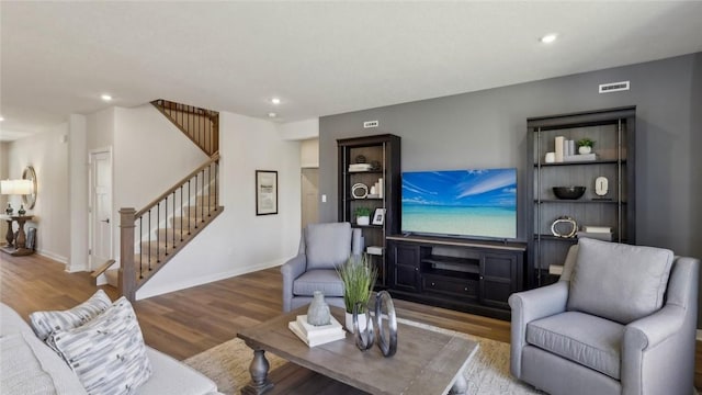 410 Barons Ct, Peters Twp, PA 15367 - living area with stairs, wood finished floors, recessed lighting, and baseboards