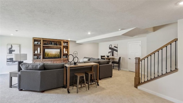 410 Barons Ct, Peters Twp, PA 15367 - living room with light colored carpet, a textured ceiling, stairs, recessed lighting, and baseboards