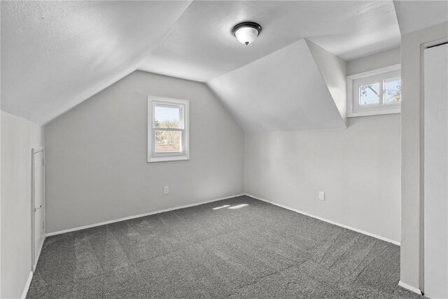 113 Bryant Dr, Penn Hills, PA 15235 - additional living space with baseboards, a wealth of natural light, lofted ceiling, and dark colored carpet