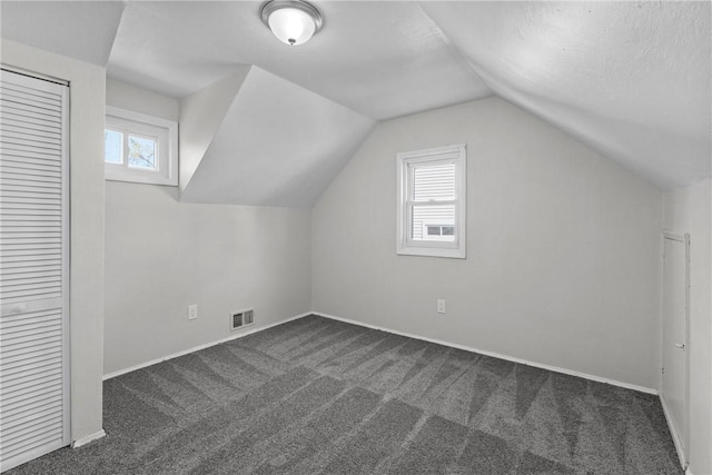 113 Bryant Dr, Penn Hills, PA 15235 - additional living space with visible vents, baseboards, dark carpet, and vaulted ceiling