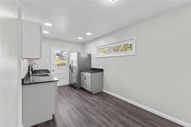 113 Bryant Dr, Penn Hills, PA 15235 - kitchen featuring stainless steel fridge, a sink, dark wood finished floors, recessed lighting, and baseboards