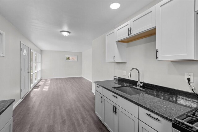 113 Bryant Dr, Penn Hills, PA 15235 - kitchen featuring white cabinets, a sink, dark wood finished floors, dark stone countertops, and baseboards