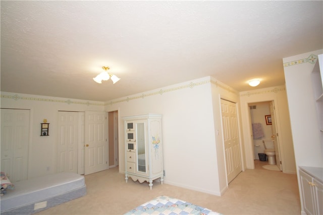 bedroom with two closets, light carpet, and ensuite bathroom