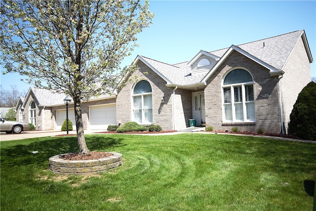 ranch-style house featuring roof with shingles, a front lawn, and brick siding