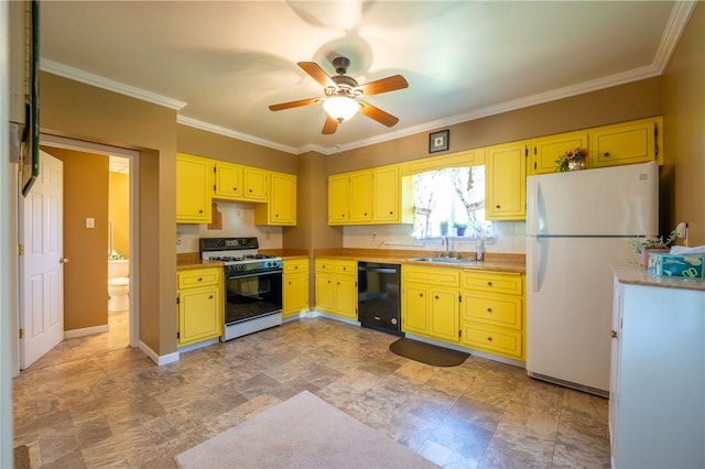 kitchen featuring range with gas cooktop, a ceiling fan, dishwasher, a sink, and freestanding refrigerator