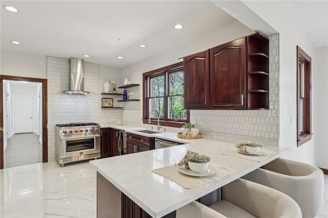 kitchen featuring open shelves, decorative backsplash, wall chimney exhaust hood, a sink, and stainless steel appliances