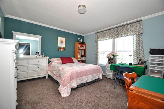 bedroom with ornamental molding and dark carpet