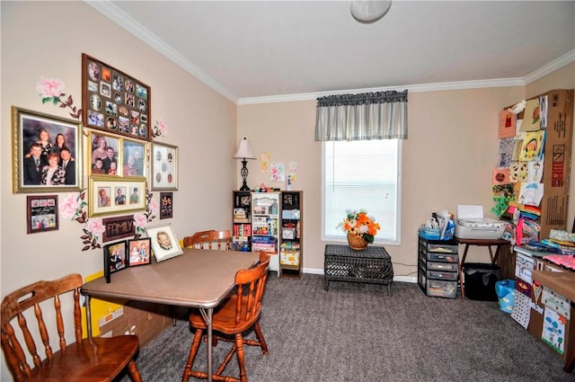 playroom featuring crown molding, baseboards, and carpet floors