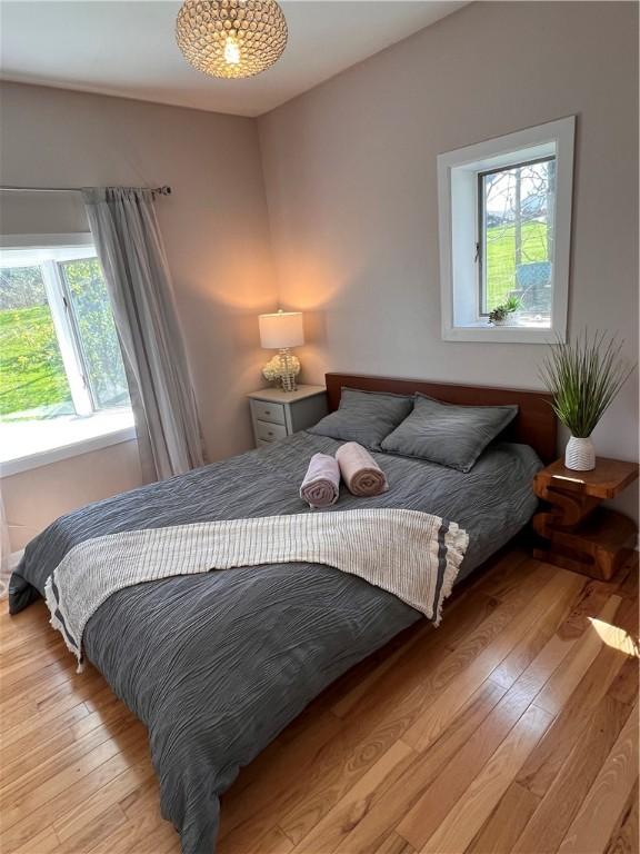 bedroom with multiple windows and light wood-type flooring
