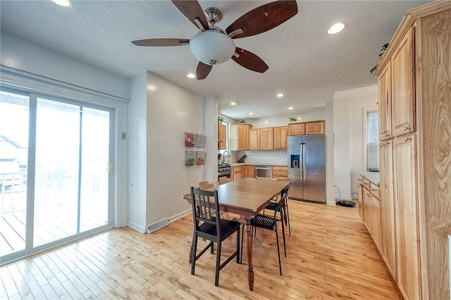dining space featuring baseboards, recessed lighting, light wood-style flooring, and visible vents