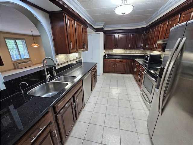 820 E Beau St Unit 2J, South Strabane, PA 15301 - kitchen featuring a sink, tasteful backsplash, ornamental molding, and stainless steel appliances