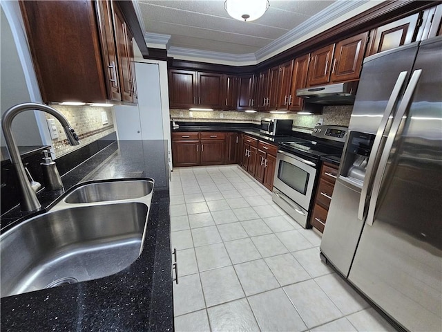 820 E Beau St Unit 2J, South Strabane, PA 15301 - kitchen with ornamental molding, under cabinet range hood, a sink, appliances with stainless steel finishes, and light tile patterned floors