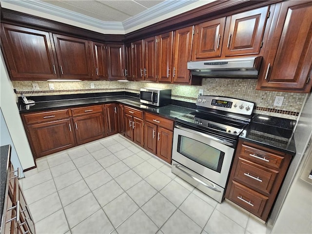 820 E Beau St Unit 2J, South Strabane, PA 15301 - kitchen with crown molding, appliances with stainless steel finishes, light tile patterned floors, tasteful backsplash, and under cabinet range hood