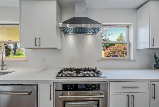 1202 Oakridge Rd, South Fayette, PA 15057 - kitchen with appliances with stainless steel finishes, ventilation hood, light countertops, and white cabinetry