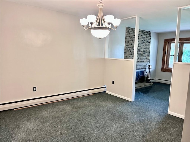 unfurnished room featuring an inviting chandelier, baseboards, a baseboard radiator, and dark carpet