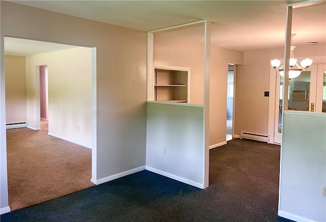 unfurnished room with carpet flooring, baseboards, a chandelier, and a baseboard radiator